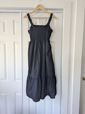 GAP Black Smocked Midi Dress Medium 100% Cotton Pockets Boho